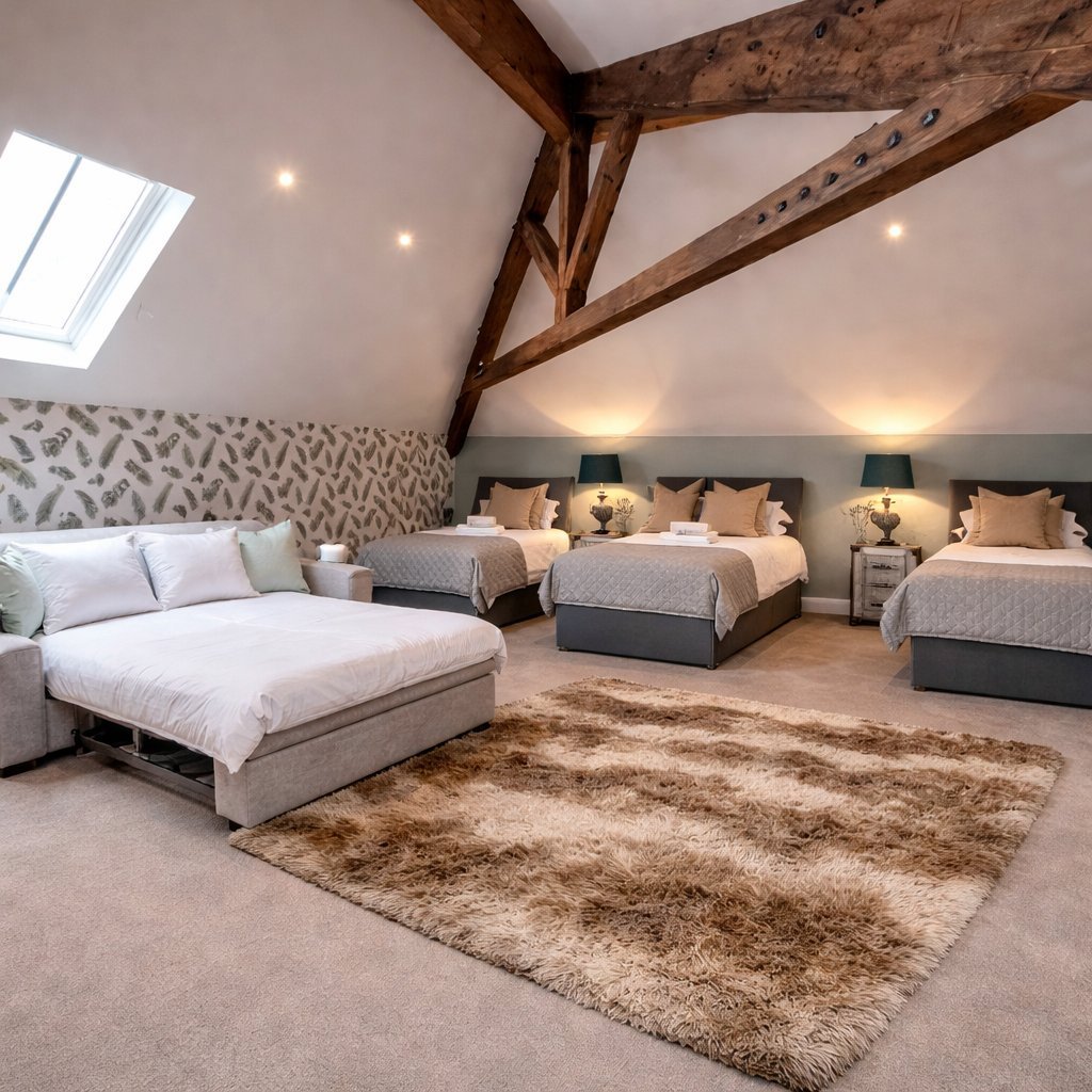Modern attic bedroom with exposed wooden beams, multiple beds with gray headboards, white bedding, skylights, neutral patterned wallpaper, and a plush brown area rug
