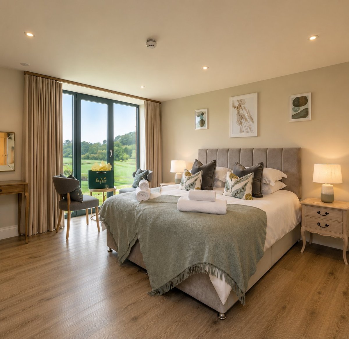 Spacious bedroom with king-size bed, grey upholstered headboard, wood flooring, large windows overlooking green landscape, bedside lamps, and neutral decor.