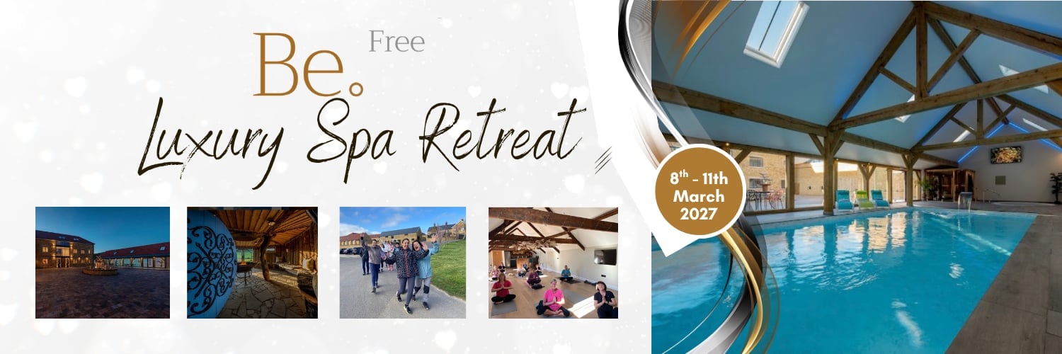 Luxury spa retreat promotional banner featuring pool, resort photos, and Be Free logo with book now button
