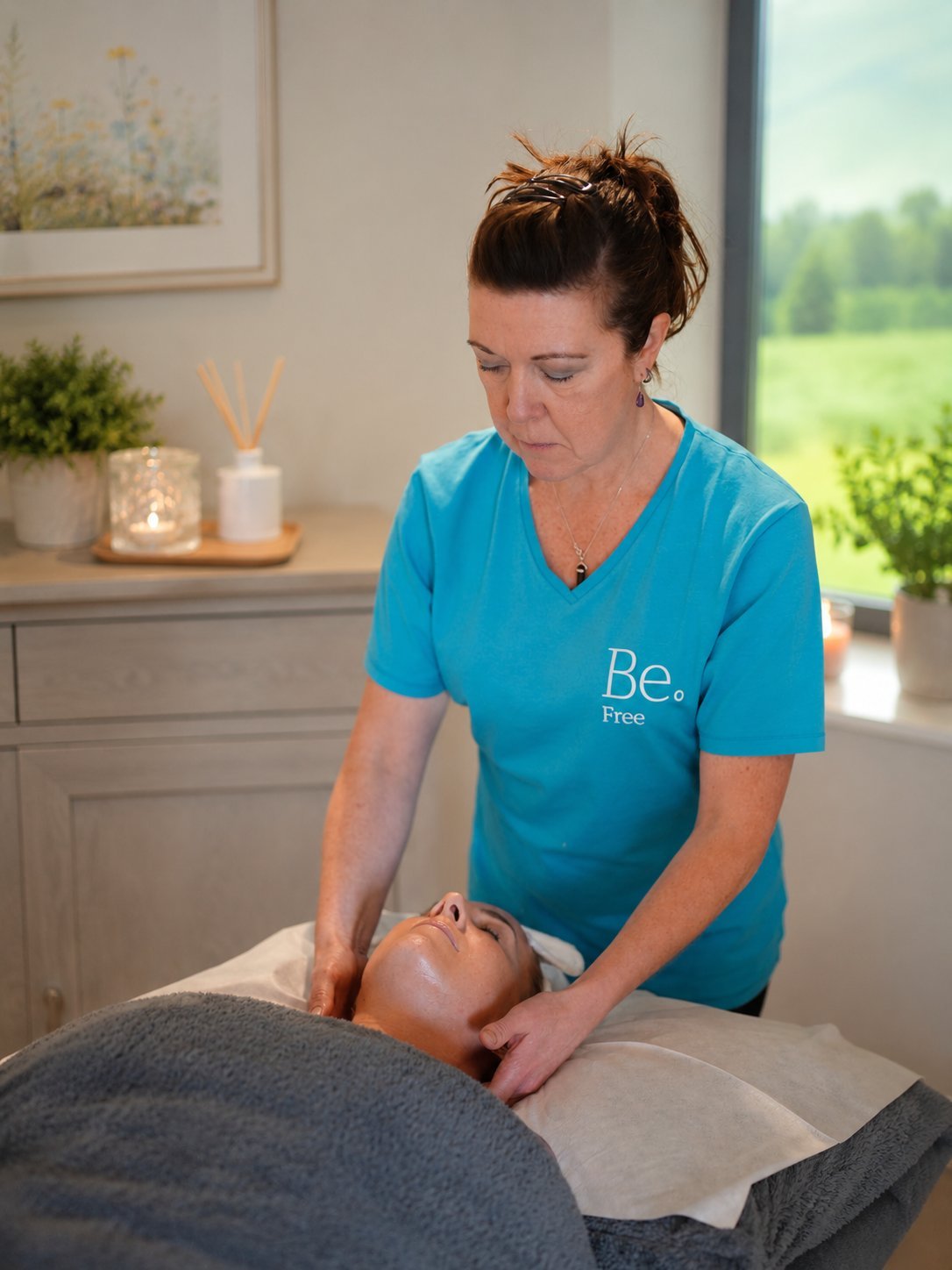 A massage therapist in blue scrubs provides a facial massage to a client in a calm, modern wellness clinic.