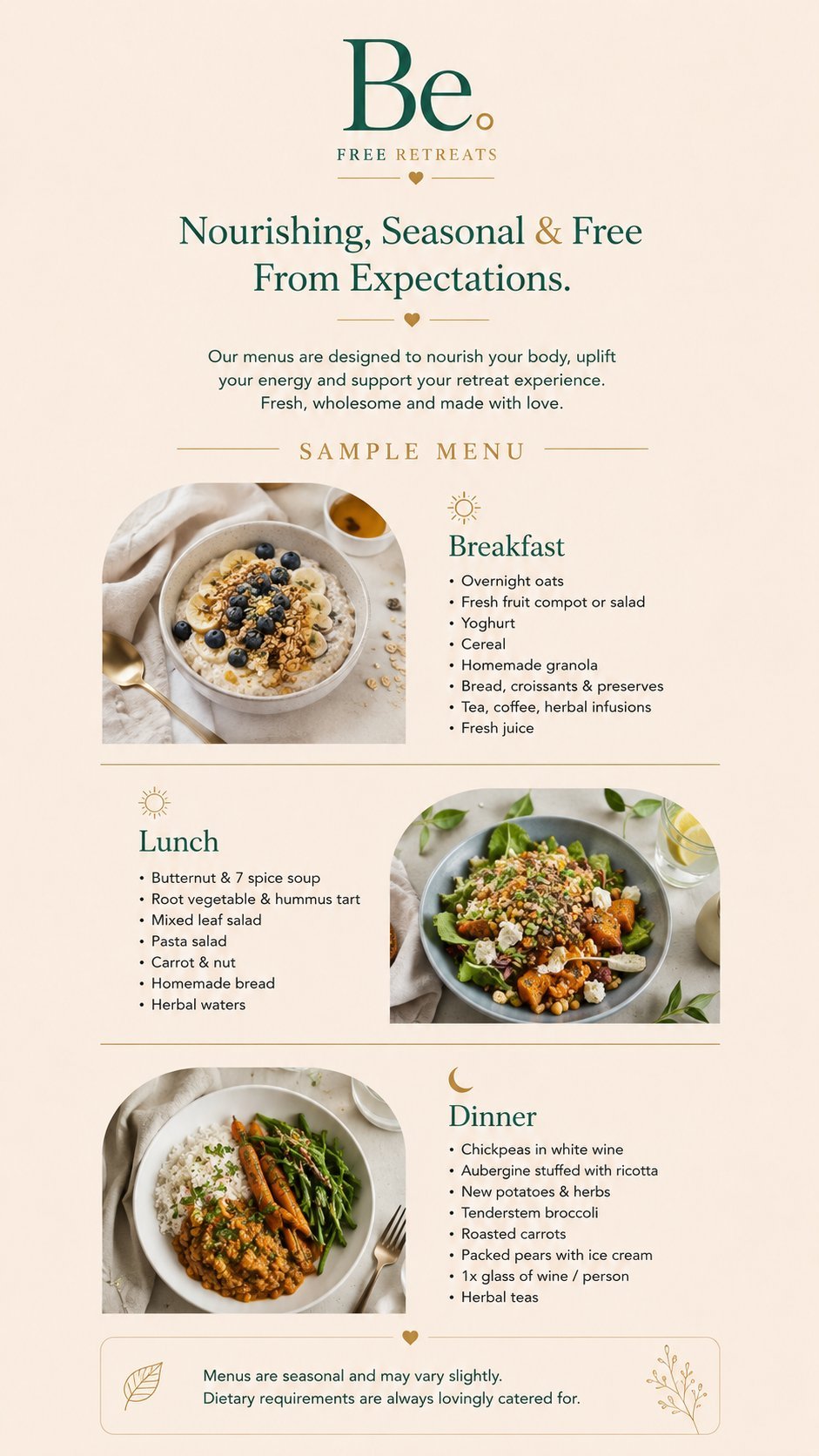 Be Free Retreats sample menu showcasing breakfast, lunch, and dinner options with seasonal nourishing dishes and food photography