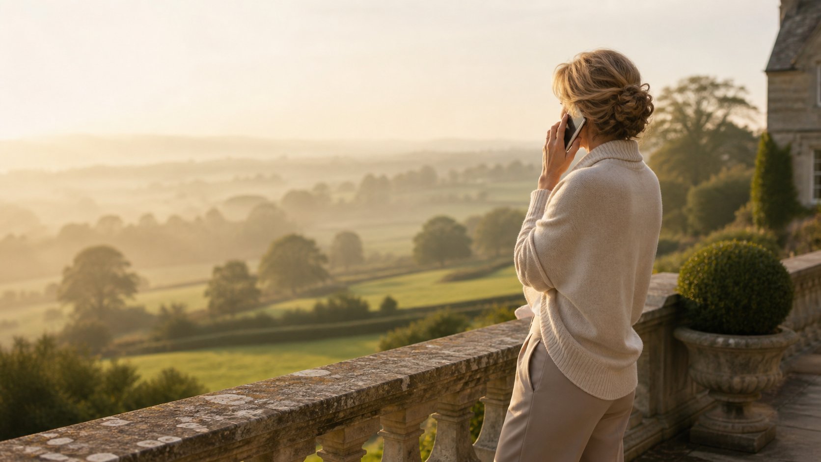Woman in white sweater standing on stone terrace overlooking green valley at golden hour