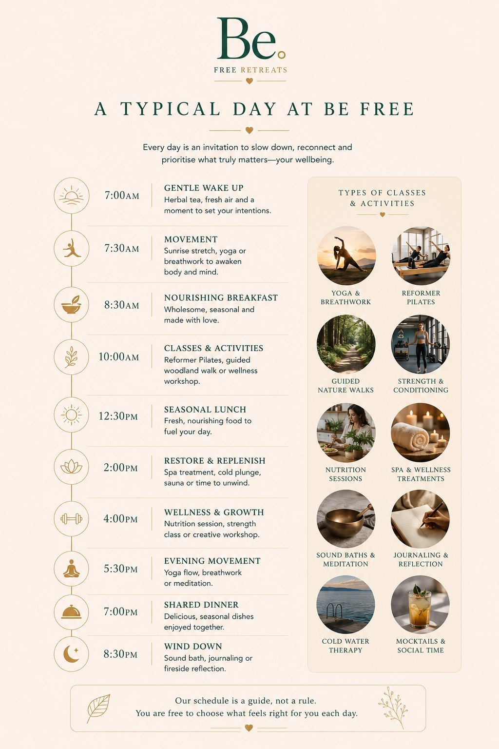 Daily schedule for Be Free Retreats showing typical day from 7am to 8:30pm with wellness activities and class types offered