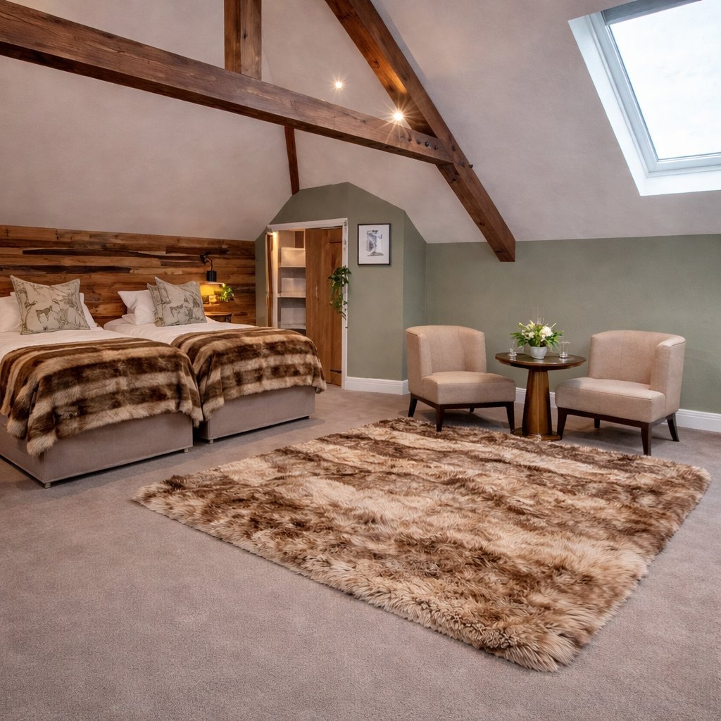 Spacious attic bedroom with exposed wooden beams, plaid bedding, beige armchairs, and a textured area rug under skylight