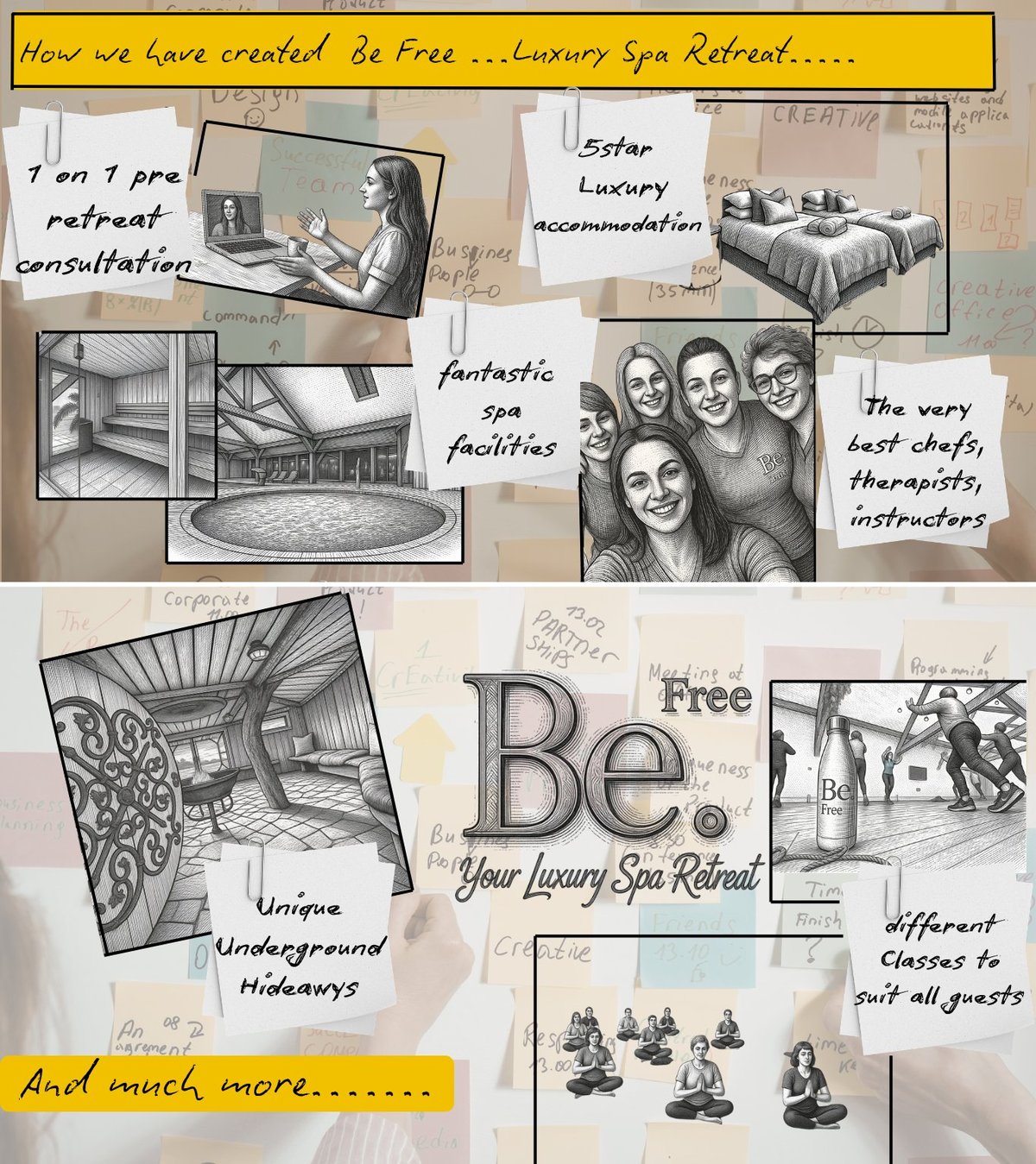 Collage for luxury spa retreat featuring handwritten text, sketches, and photos of facilities, therapists, and guest accommodations